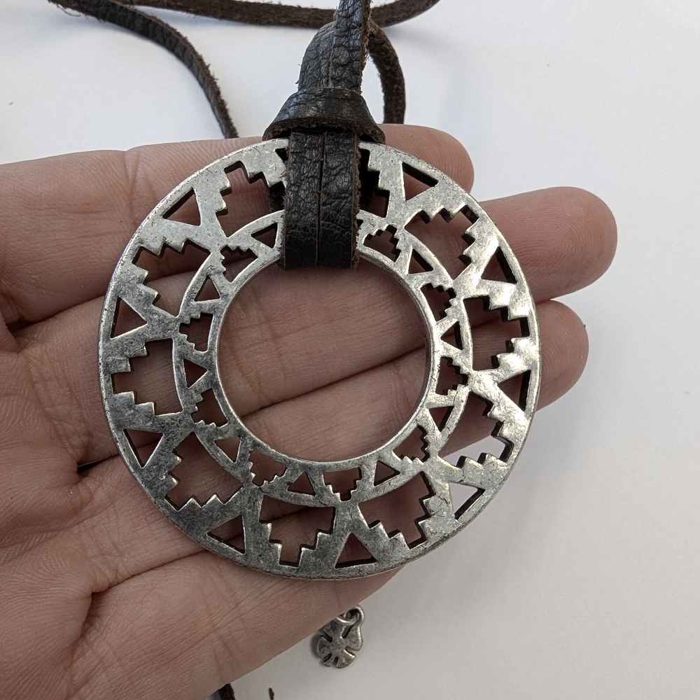 Vintage Silver-Tone Cutout Round Pendant Necklace with Brown Cord